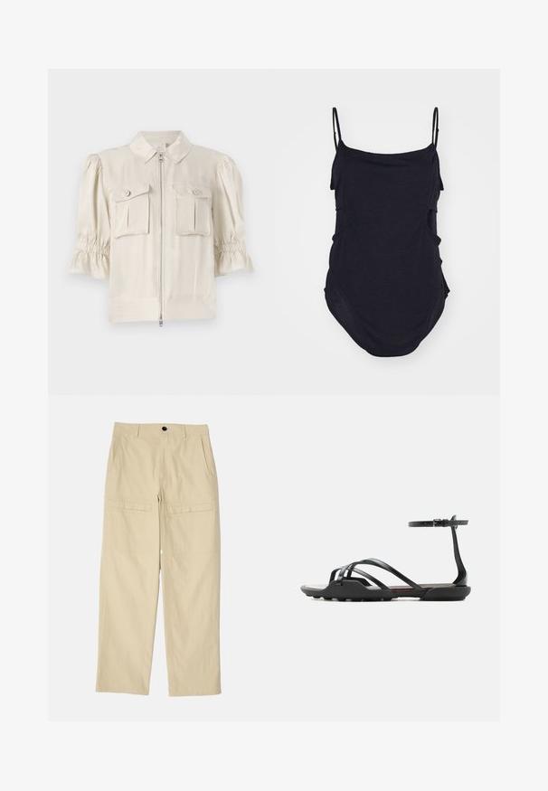 Crème-kleurige blouse met korte mouwen en een kraag, ritssluiting aan de voorkant, twee knoopzakken en geraffineerde details aan de mouwranden. Glad materiaal.; Zwarte mouwloze top met dunne bandjes, gemaakt van zachte stof. Heeft gedrapeerde zijkanten en een ronde zoom voor een ontspannen pasvorm.; Beige wijde broek van katoen. Voorzien van twee zakken aan de voorkant, twee zakken aan de achterkant en een enkele knoopsluiting bij de taille.; Zwarte platte sandaal met dunne bandjes over de tenen en een gesp aan de enkel, met een licht gestructureerde zool voor grip.