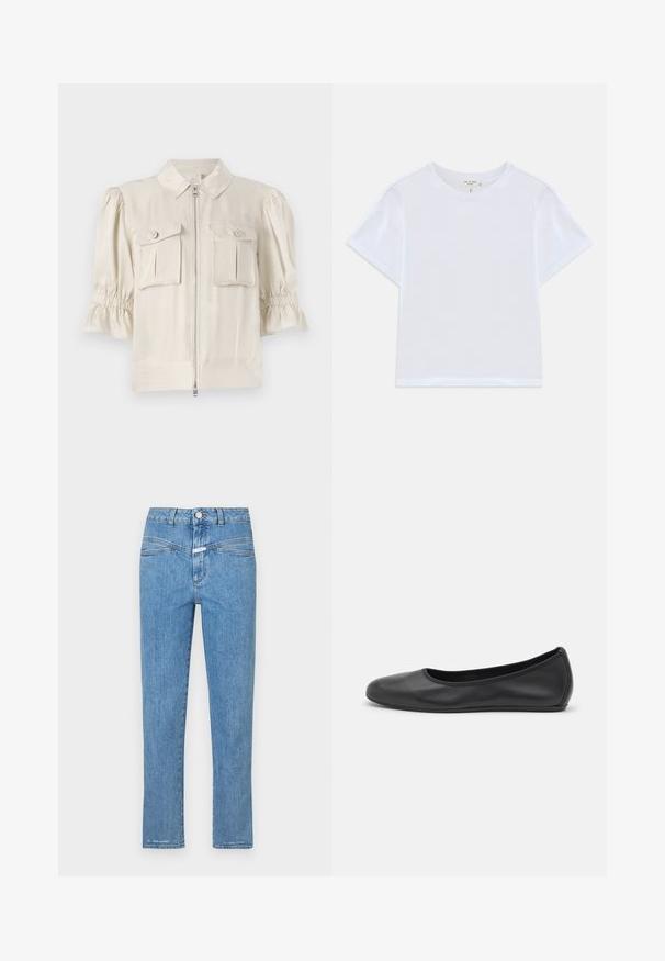 Blusa de manga corta color crema con cuello, cremallera frontal, dos bolsillos con botón y detalle fruncido en los bordes de las mangas. Tejido suave.; Camiseta blanca corta hecha de algodón suave, con un cuello redondo y mangas cortas, y un corte ligeramente holgado. Sin patrones ni acentos.; Vaqueros de mezclilla azul claro con un diseño de pierna recta, cinco bolsillos y cierre de botón. Presentan una textura ligeramente deslavada y una costura mínima.; Bailarina de piel negra con punta redondeada, textura suave, detalle de costura minimalista y diseño de suela flexible.