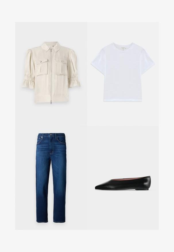Cremefarvet kortærmet bluse med krave, lynlås foran, to knapforede lommer og samlet detalje ved ærmekanterne. Glat stof.; Hvid cropped t-shirt lavet af blødt bomuld, med rund hals og korte ærmer og en let løs pasform. Ingen mønstre eller accenter.; Mørkeblå denimjeans med lige pasform, fem lommer, synlige syninger og knaplukning. Glat tekstur.; Sort damesko i læder med flad hæl og spids tå, vist fra siden på en ensfarvet lys grå baggrund.