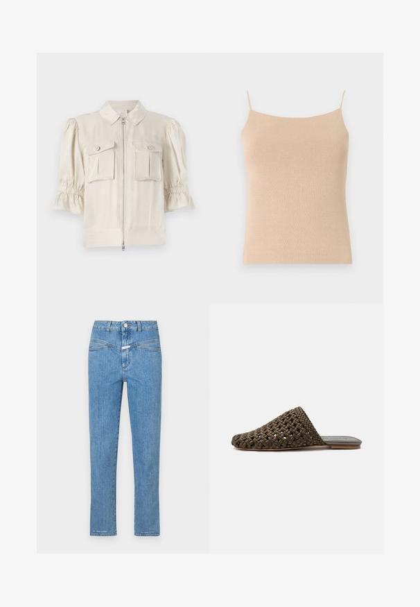 Blusa de manga corta color crema con cuello, cremallera frontal, dos bolsillos con botón y detalle fruncido en los bordes de las mangas. Tejido suave.; Camiseta de punto beis con tirantes finos, que presenta un diseño ceñido y una tela texturizada, ideal para superponer o para uso casual.; Vaqueros de mezclilla azul claro con un diseño de pierna recta, cinco bolsillos y cierre de botón. Presentan una textura ligeramente deslavada y una costura mínima.; Mule marrón tejido tipo slip-on con suela plana y puntera cerrada y redondeada sobre fondo blanco.