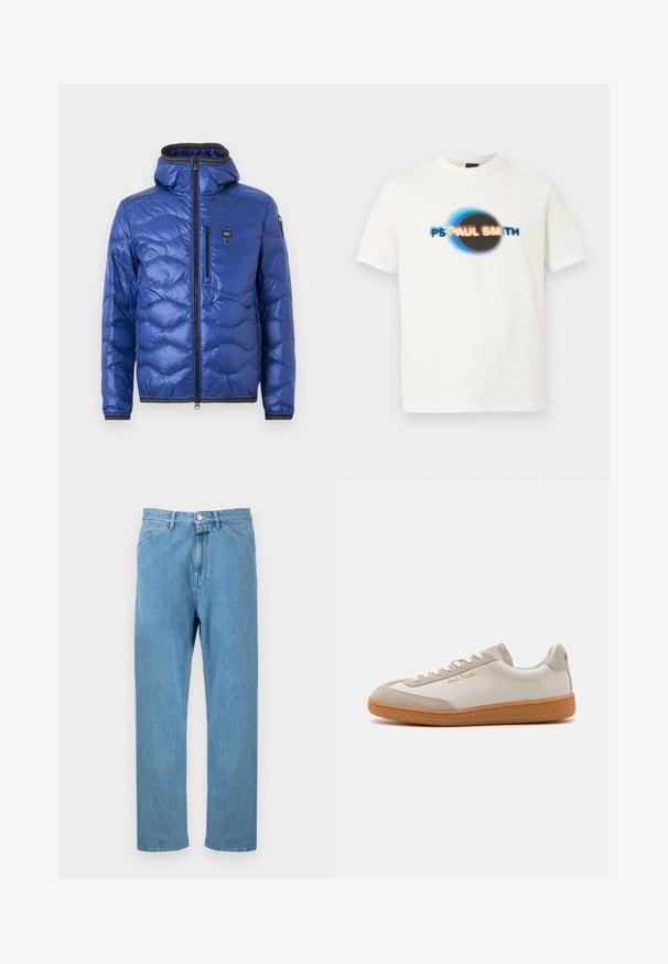Veste matelassée bleue à capuche avec fermeture éclair frontale, poche poitrine zippée et poignets élastiques, présentée sur un fond uni.; T-shirt blanc à manches courtes avec un cercle noir flou et le texte "PS PAUL SMITH" en bleu, jaune, rouge et noir sur la poitrine.; Jean en denim bleu clair avec une coupe droite, un style cinq poches et une fermeture par bouton à la taille. Aucun motif ni ornement visible.; Baskets basses blanches et beiges avec semelle en caoutchouc, lacets blancs, détails en daim et logo doré "Paul Smith" sur le côté.