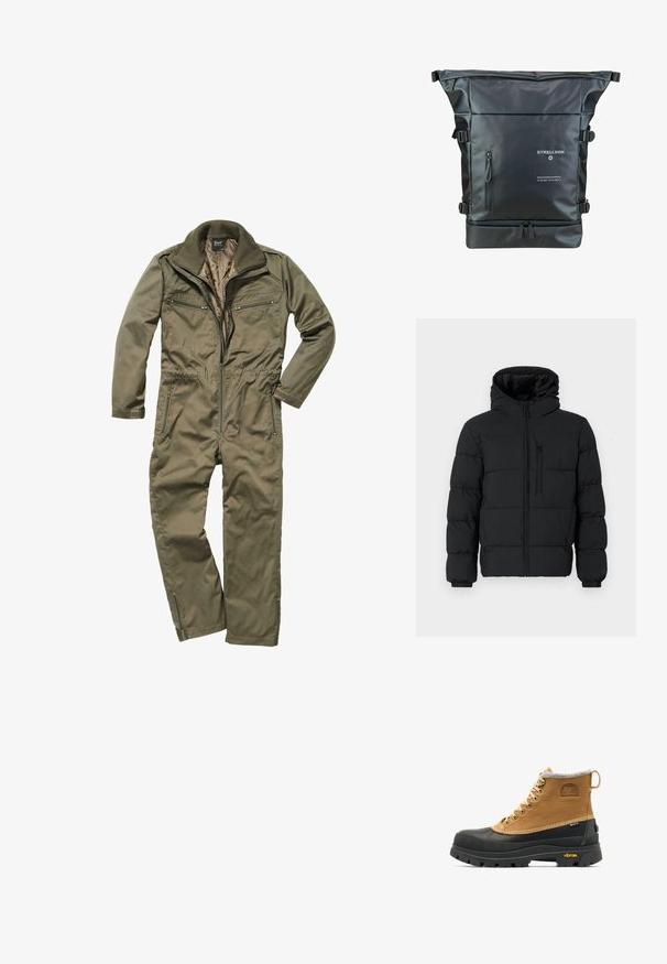 Sort puffjakke med hætte, frontlynlås, brystlynlåslomme og elastiske manchetter på en hvid baggrund.; Oliven grønt jumpsuit lavet af holdbart stof, med lynlås foran, ribbet krave og flere lynlåslommer på brystet og siderne.; Brun og sort isoleret snørestøvle til vinter med gummisål og Vibram-mønster, med Sorel- og Gore-Tex-logoer.; Sort rulle-top rygsæk lavet af vandtæt materiale. Har justerbare stropper, en frontlomme med lynlås og trykte branddetaljer.