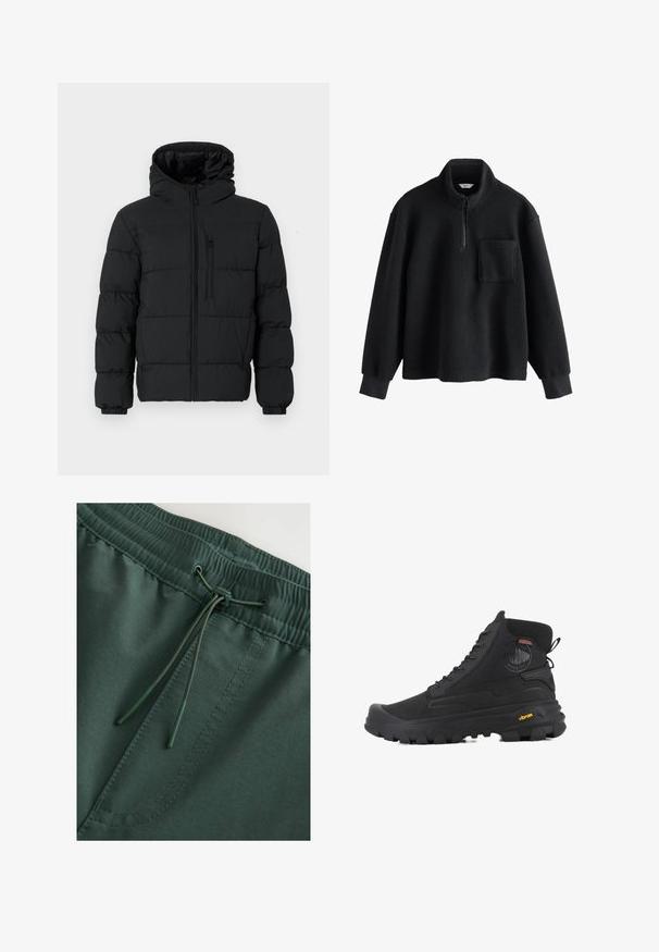 Sort puffjakke med hætte, frontlynlås, brystlynlåslomme og elastiske manchetter på en hvid baggrund.; Sort fleece-pullover med kvart-lynlås foran, høj krave, lange ærmer, ribbede manchetter og en brystlomme.; Mørkegrønne sweat shorts med elastisk talje og snørelukning, glat tekstur og synlige stingdetaljer. Enkel, funktionel design.; Sorte høj-top støvler med en tekstureret overflade, der har et vandtæt design, snøresystem og en markant gummisål med Vibram-branding.
