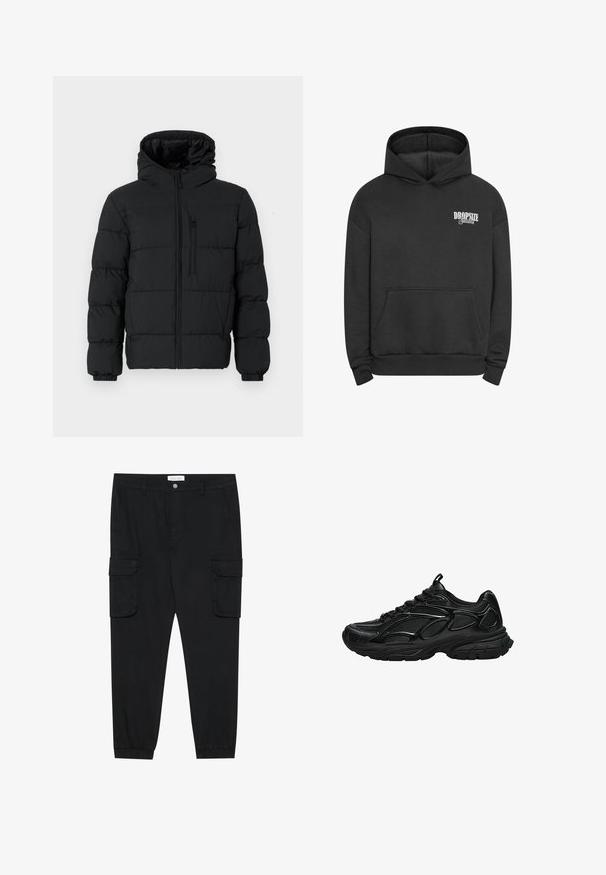 Schwarze Steppjacke mit Kapuze, Reißverschluss vorne, Brusttasche mit Reißverschluss und elastischen Bündchen auf einem weißen Hintergrund.; Schwarzer Hoodie aus Baumwollmischung, mit einer Fronttasche, gerippten Bündchen und einem weißen Logo auf der linken Brustseite. Klassisches Pulli-Design.; Schwarze Cargo-Hose mit geradem Bein, elastischen Bündchen und mehreren Seitentaschen. Hergestellt aus strukturiertem Stoff mit einem Knopfverschluss.; Schwarzer Sportschuh mit Mesh- und synthetischem Obermaterial, dicker gepolsterter Sohle und Schnürverschluss, seitlich auf weißem Hintergrund gezeigt.