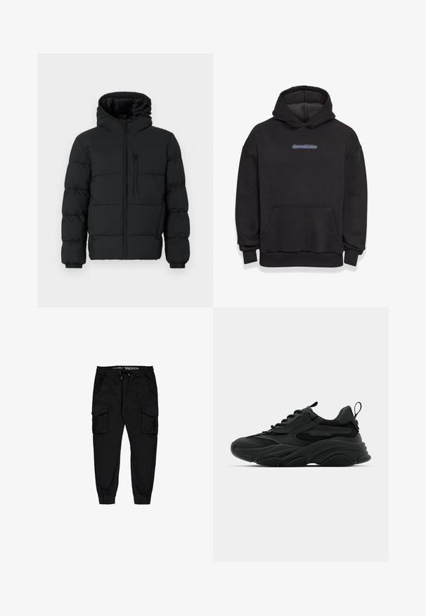 Sort puffjakke med hætte, frontlynlås, brystlynlåslomme og elastiske manchetter på en hvid baggrund.; Sort hætte sweatshirt lavet af en blanding af bomuldsstof. Har en frontlomme og et logo i blå og rød. Ribbekanter ved håndleddene og kanten.; Sorte cargobukser lavet af letvægtsstof, med elastisk talje, snor, og flere sidelommer samt tætsiddende cuffs.; Sorte atletiske sneakers med en kraftig sål, meshpaneler og gummidetaljer. Har en trækflap ved hælen og strukturerede mønstre.