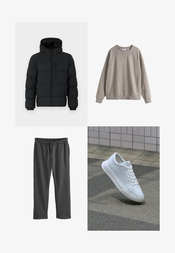 Sort puffjakke med hætte, frontlynlås, brystlynlåslomme og elastiske manchetter på en hvid baggrund.; Beige sweatshirt med rund hals, lange ærmer, ribbet kant ved ærmeender og forneden, samt diskrete syninger ved skuldre og bryst.; Grå sweatpants med elastisk talje og justerbar snøre. Fremstillet af blødt stof, med sidelommer og en afslappet pasform.; Hvid lavtop sneaker med snørebånd, der svæver over tekstureret asfalt og beige flisebelagt overflade i baggrunden.