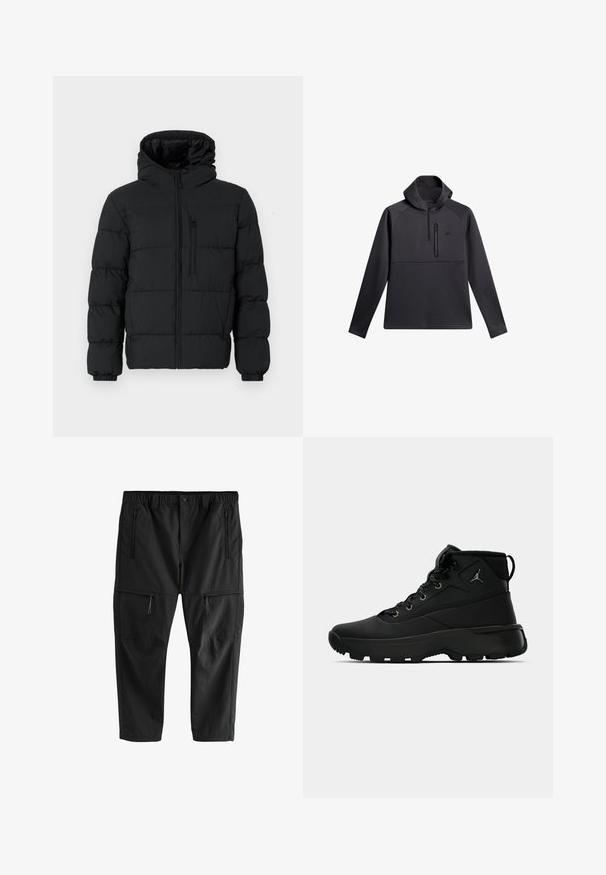 Sort puffjakke med hætte, frontlynlås, brystlynlåslomme og elastiske manchetter på en hvid baggrund.; Sort pullover med hætte, der har en kvart lynlås foran, raglanærmer og en lynlåslomme på brystet; glat tekstur og atletisk design.; Sorte letvægtsbukser med elastisk taljebånd, to sidelommer med lynlås og to cargolommer med lynlås. Glat tekstur og lige snit.; Sorte høje sportsko med en tekstureret syntetisk overdel, der har metaløjer, sorte snørebånd og en gummisål med mønstre for godt greb.