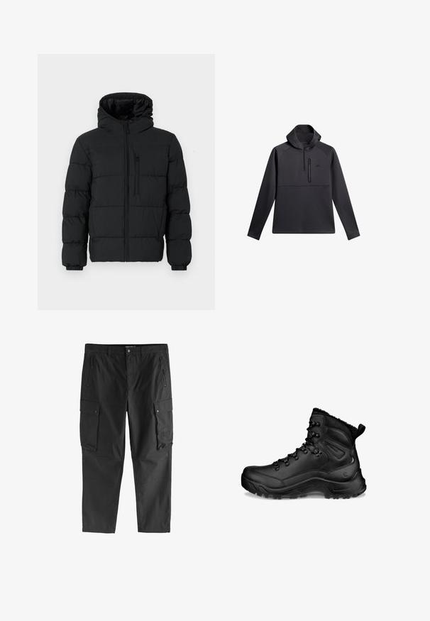 Sort puffjakke med hætte, frontlynlås, brystlynlåslomme og elastiske manchetter på en hvid baggrund.; Sort pullover med hætte, der har en kvart lynlås foran, raglanærmer og en lynlåslomme på brystet; glat tekstur og atletisk design.; Sorte cargobukser med lynlåslommer foran, knaplukning på sidelommer med klap og bæltestropper, vist mod en hvid baggrund.; Sort høj vandrestøvle med polstret ankel, snørehager, robust sål og træksløjfe ved hælen, designet til udendørs brug og koldt vejr.