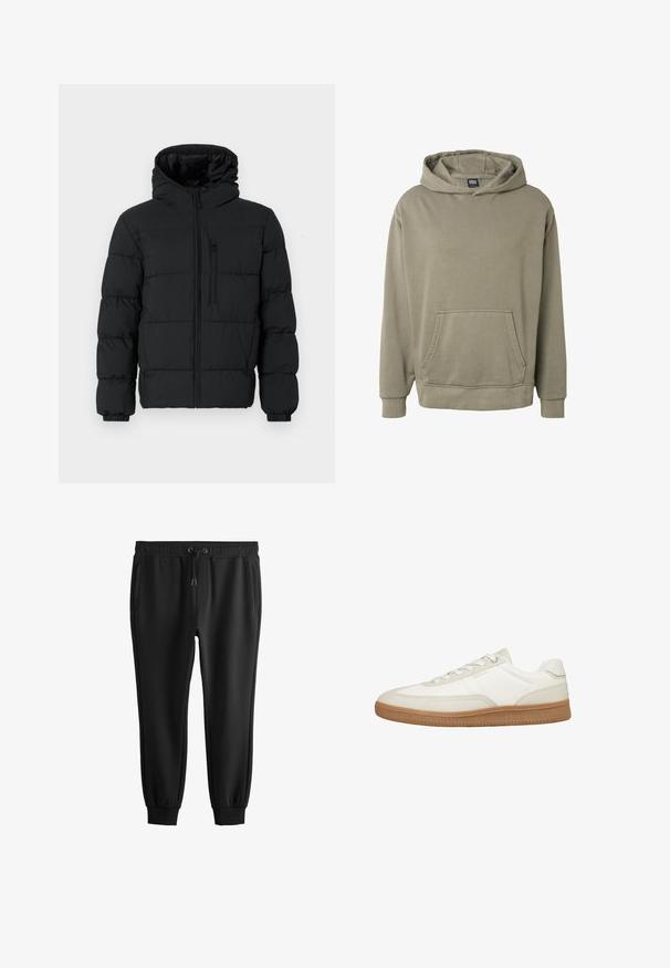 Musthave heledad puffer-jakk, esifermetiga, rinnafikitud lukuga tasku ja elastsete mansettidega valgel taustal.; Lihtne oliivsest rohelisest kapuutsiga dressipluus ees kängurutasku, soonikkoes mansettide ja kapuutsiga, valgel taustal.; Mustad kitsenevad dressipüksid, millel on elastne vöökoht, nöörpael, küljetaskud ja soonikkoes mansetid pahkluudes.; Madala säärega valge nahast toss kreemjat värvi detailide ja kummist pruunika tallaga, külgvaade, lamedad paelad ja tekstuuriga tallamuster.
