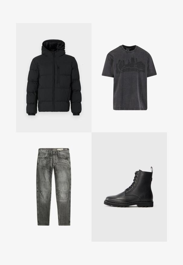 Schwarze Steppjacke mit Kapuze, Reißverschluss vorne, Brusttasche mit Reißverschluss und elastischen Bündchen auf einem weißen Hintergrund.; Schwarzes Baumwoll-T-Shirt mit Rundhalsausschnitt und kurzen Ärmeln, mit einem verwaschenen Skyline-Grafik in Dunkelgrau auf der Brust.; Graue Slim-Fit Jeans mit verstärkten Knie-Patches und Standardtaschen, Knopf- und Reißverschluss, flach auf weißem Hintergrund ausgelegt.; Schwarze Lederstiefelette mit runder Zehenform, Schnürdesign und Metallösen. Verfügt über eine strukturierte Sohle und einen Zuglasche an der Ferse für einfachen Einstieg.