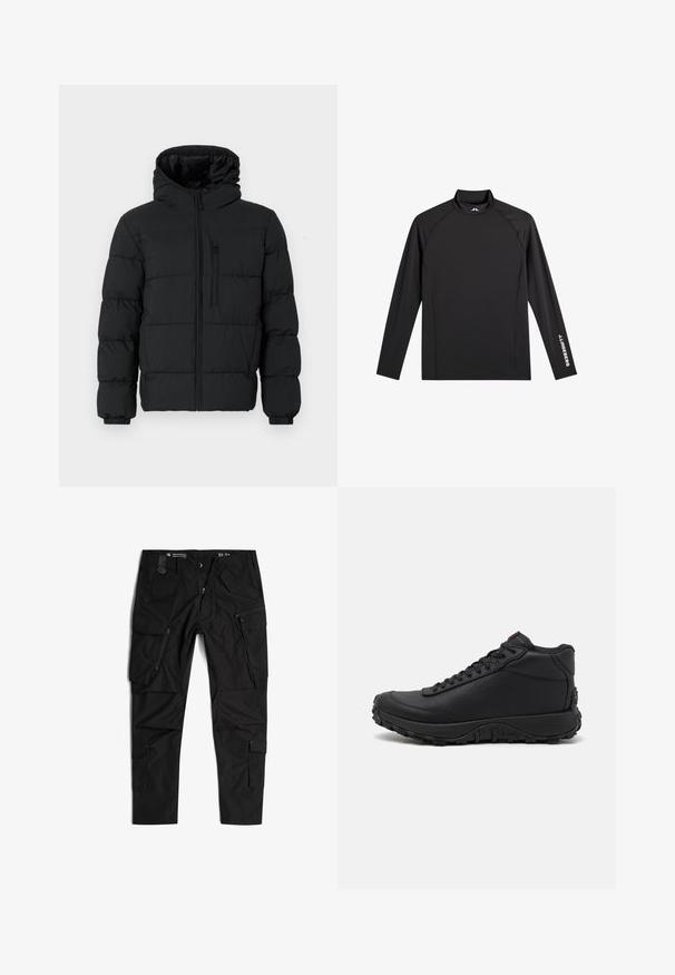 Schwarze Steppjacke mit Kapuze, Reißverschluss vorne, Brusttasche mit Reißverschluss und elastischen Bündchen auf einem weißen Hintergrund.; Schwarzes Langarm-Sportoberteil mit Stehkragen, schlanker Passform und weißem "J.Lindeberg"-Logo am linken Ärmel und Kragen.; G-STAR TOOLBOX - Cargohose - dk black; Schwarze High-Top-Sneaker aus strukturiertem Leder, mit einer dicken Gummisohle mit Profil und Schnürdesign. Roter Akzent auf der Zunge.