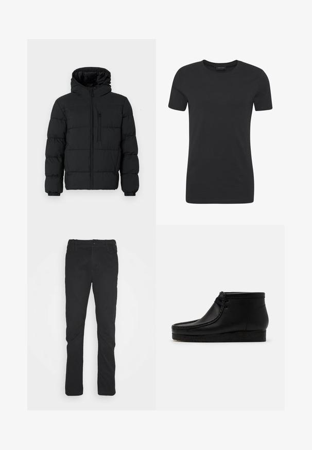 Sort puffjakke med hætte, frontlynlås, brystlynlåslomme og elastiske manchetter på en hvid baggrund.; Sort, kortærmet t-shirt med rund halsudskæring, enkel design og afslappet pasform.; Sorte slim-fit bukser med frontknap og lynlås, bæltestropper og subtile syninger ved knæene, vist på en ensfarvet hvid baggrund.; Sorte læder ankelstøvler med en rund tå, syninger og en blød gummisål. Har en snørelukning foran.