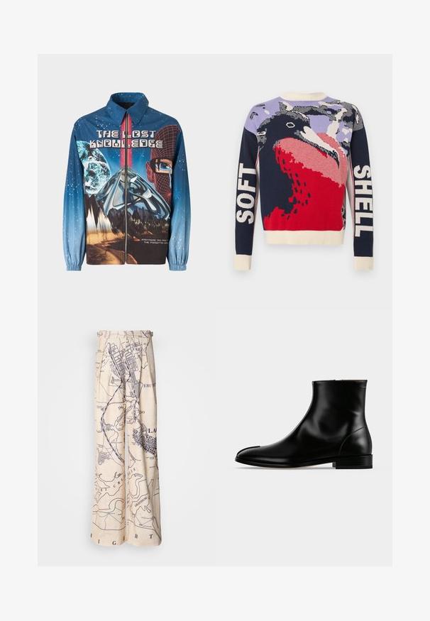 Chaqueta azul de tipo zip-up con un tema cósmico que presenta planetas y montañas. Puños elásticos, texto en negrita y elementos de diseño vibrantes.; Suéter de punto colorido con un gráfico de pájaro en rojo, azul marino y lavanda. Detalles de texto "SOFT" y "SHELL" en las mangas. Cuello y puños acanalados.; Pantalones de pierna ancha con un estampado de mapa en azul marino sobre un fondo beige, con detalles de plisado en la cintura y un ajuste relajado.; Botín negro de cuero pulido con tacón bajo y cremallera lateral, diseño elegante y liso sobre un fondo claro y sencillo.