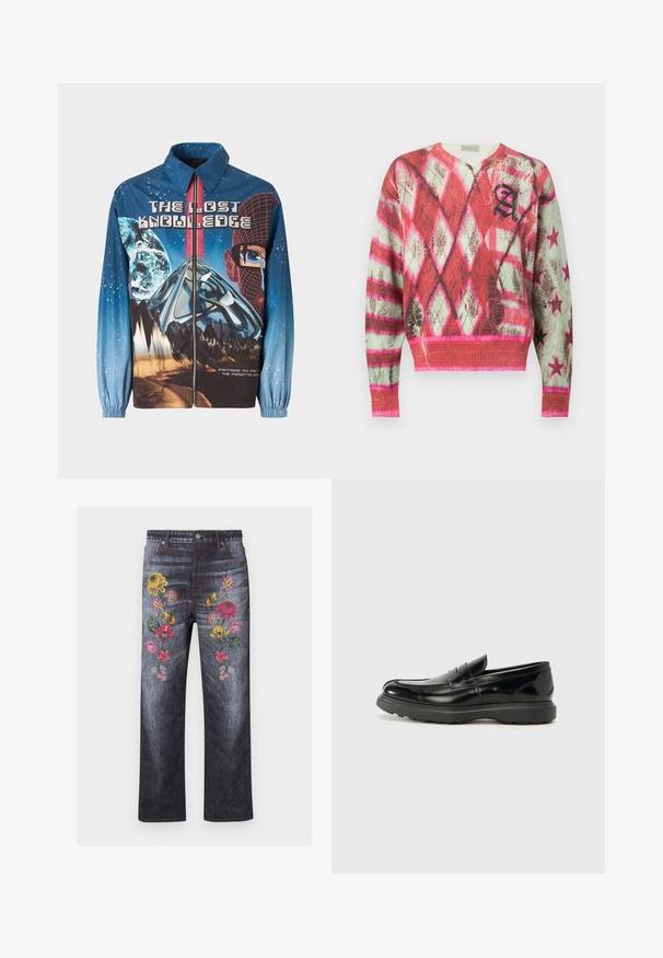 Blå, grafisk zip-up jakke med et kosmisk tema, der inkluderer planeter og bjerge. Elastiske manchetter, fed tekst og levende designelementer.; Langærmet V-hals sweater med røde, pink og hvide diamant- og stjernemønstre, med et sort stiliseret bogstav "A" på brystet.; Mørkeblå denimjeans med høj talje, lige ben og farverige broderede blomsterdekorationer på forsiden af lårene.; Sort læderloafer med en blank finish, rund tå, subtile syninger og en tyk gummisål for holdbarhed.