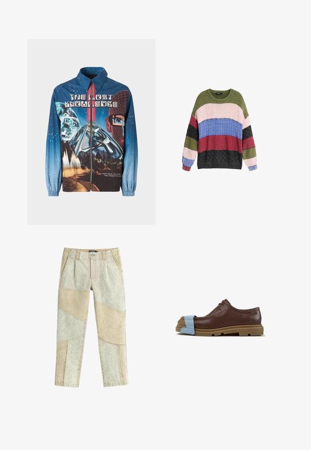 Veste zippée graphique bleue avec un thème cosmique, comprenant des planètes et des montagnes. Poignets élastiques, texte en gras et éléments de design vibrants.; Pull en tricot présentant des rayures horizontales multicolores dans des teintes d'olive, rose, bleu, bourgogne, gris et noir.; Pantalon patchwork beige et kaki clair avec fermeture par boutons, passants de ceinture, poches avant et coupe droite.; Chaussure en cuir marron à lacets avec semelle beige et un capuchon en plastique bleu clair couvrant l'avant du pied, présentée de profil sur fond blanc.