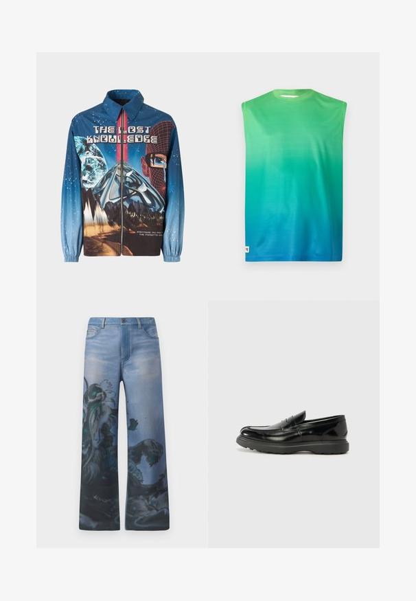 Blå, grafisk zip-up jakke med et kosmisk tema, der inkluderer planeter og bjerge. Elastiske manchetter, fed tekst og levende designelementer.; Ærmeløs T-shirt i gradient nuancer fra grøn til blå. Lavet af glat stof med rund halsudskæring og uden synlig hardware.; Vide ben jeans i falmet blå denim med et indviklet grafisk mønster, der har et detaljeret design i sort og teal nuancer på det ene ben.; Sort læderloafer med en blank finish, rund tå, subtile syninger og en tyk gummisål for holdbarhed.