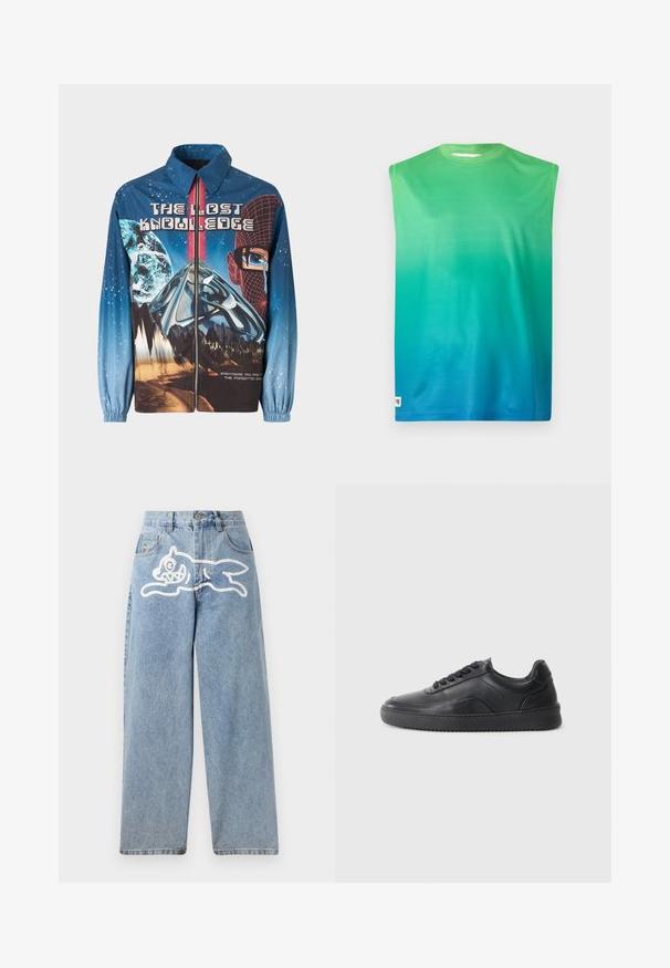 Chaqueta azul de tipo zip-up con un tema cósmico que presenta planetas y montañas. Puños elásticos, texto en negrita y elementos de diseño vibrantes.; Camiseta sin mangas en tonos degradados de verde a azul. Confeccionada en tejido suave, con cuello redondo y sin herrajes visibles.; Vaqueros de mezclilla en azul claro con un corte relajado y de pierna ancha. Presenta un gráfico blanco de un gato corriendo en la parte trasera. Clásico diseño de cinco bolsillos.; Zapatilla negra de cuero con un acabado suave, punta redondeada, panel lateral texturizado y cordones negros. Presenta una suela de goma plana y un diseño minimalista.