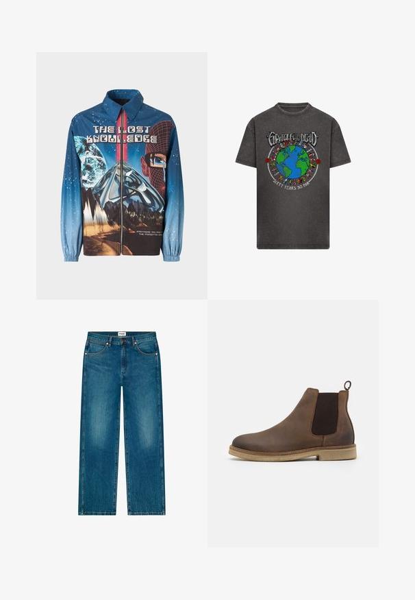 Blå, grafisk zip-up jakke med et kosmisk tema, der inkluderer planeter og bjerge. Elastiske manchetter, fed tekst og levende designelementer.; Mørkegrå T-shirt med farverig jordgrafik omgivet af dansende bjørne, "Grateful Dead" tekst ovenfor og "Sixty Years So Far" nedenfor.; Wrangler LOOSE STRAIGHT - Jeans Relaxed Fit - retro blue; Brune læder Chelsea-støvle med elastiske sidepaneler, afrundet tå, løftestrop og en lys brun struktureret sål.