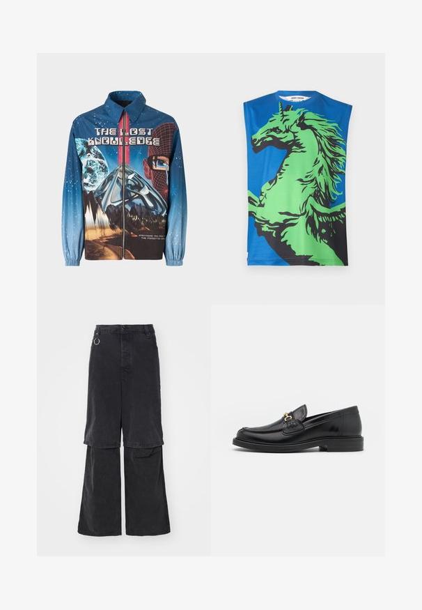 Blå, grafisk zip-up jakke med et kosmisk tema, der inkluderer planeter og bjerge. Elastiske manchetter, fed tekst og levende designelementer.; Ærmeløs T-shirt med en blå baggrund og et stort grafik af en grøn og sort enhjørning. Lavet af glat stof med rund halsudskæring.; Études NOCTURNE - Jeans Relaxed Fit - black washed; Sorte læder loafers med en rund tå, der har guld hardware accent og syningsdetaljer, placeret på en lav, tekstureret gummisål.