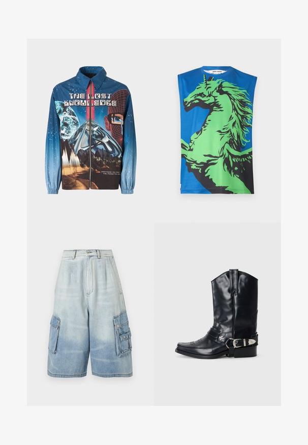 Chaqueta azul de tipo zip-up con un tema cósmico que presenta planetas y montañas. Puños elásticos, texto en negrita y elementos de diseño vibrantes.; Camiseta sin mangas con un fondo azul y un grande gráfico de un unicornio verde y negro. Hecha de una tela suave con escote redondo.; Pantalones cortos cargo de mezclilla azul claro con múltiples bolsillos con solapa y cierres de botones, con cintura alta y corte de pierna ancha.; Bota de vaquero de cuero negro con punta afilada, caña alta, costuras decorativas y herrajes de hebilla plateada en la correa. Acabado texturizado.