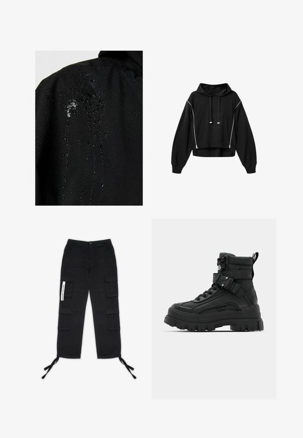 Zwarte stof met waterdruppels die op het oppervlak parelen en naar beneden lopen, wat de waterbestendige eigenschappen benadrukt.; Zwarte cropped hoodie met lange mouwen, vooraan trekkoorden en twee verticale zilverkleurige ritsen aan elke kant.; Pegador TANAMI WIDE PANTS - Cargobroek - black; Zwarte enkellaarsjes met een gestructureerde bovenkant, dikke zool, vetersluiting aan de voorkant en een verstelbare band met logo-details. Rubberen buitenzool met uitgesproken profiel.