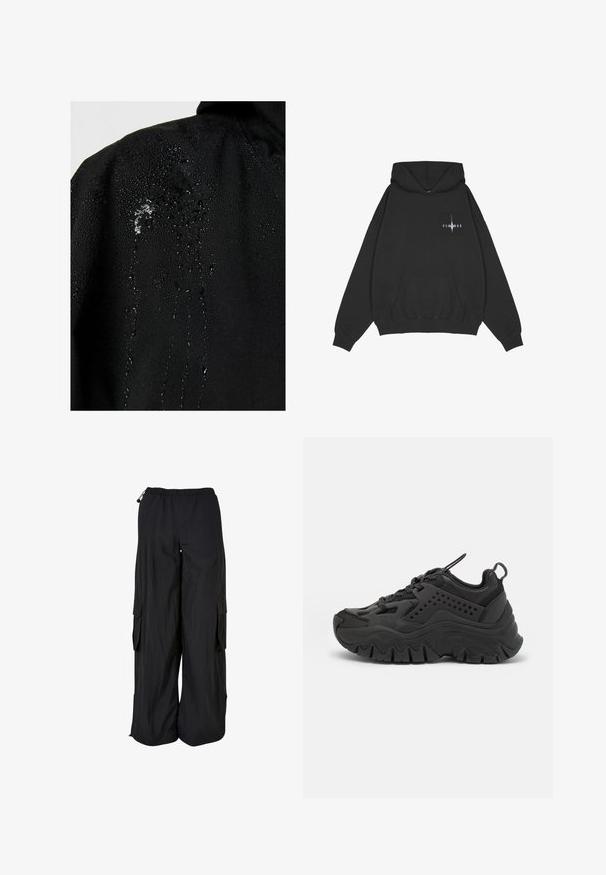 Tissu noir avec des gouttes d'eau perlées et s'écoulant sur la surface, mettant en avant ses propriétés hydrofuges.; Pegador Sweat à capuche - washed black; Pantalon cargo noir à jambes larges avec ceinture élastique, poches latérales à rabat et cordons réglables à la taille et à l'ourlet.; Des chaussures de sport noires avec une semelle épaisse, un dessus en synthétique lisse, des accents perforés et un embout arrondi. Elles présentent un système de laçage et une langue.