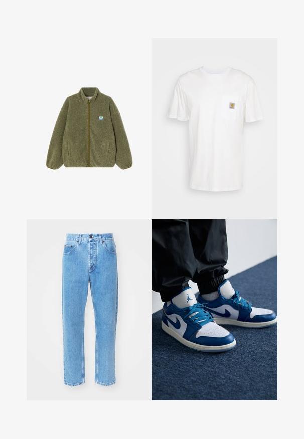 Olijfgroene fleece jacket met een ritssluiting aan de voorkant, staande kraag en elastische manchetten. Heeft een klein blauw en geel logo-opdruk op de borst.; Witte katoenen t-shirt met korte mouwen, een borstzak en een klein vierkant logo-opdruk in oranje en wit op de zak.; Lichtblauwe denim jeans hebben een rechte pijpdesign, vijf zakken en een klassiek knoopsluiting bij de taille.; Nike Air Jordan sneakers hebben een witte leren basis met blauwe synthetische accenten, een geperforeerde neusdoos en blauwe veters.