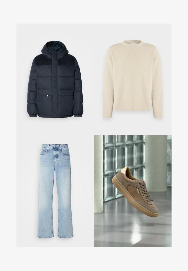 Marineblaue Daunenjacke mit Kapuze, gestepptem Design, strukturierten Schulterpaneelen, Fronttaschen und elastischen Bündchen. Enthält ein Logo auf der Brust.; Beiger Langarm-Pullover mit Rundhalsausschnitt und einem dezenten kleinen Logo auf der linken Brust, dargestellt vor einem schlichten weißen Hintergrund.; Helle blaue weite Jeans mit hoher Taille, in verwaschenem Finish, mit Gürtelschlaufen und klassischem Fünf-Taschen-Design. Der Saum ist ungesäumt.; Beiger Freizeitsneaker mit Schnürsenkeln und „BOSS“-Logo, der über einem polierten Betonboden mit Glasbausteinwand im Hintergrund schwebt.