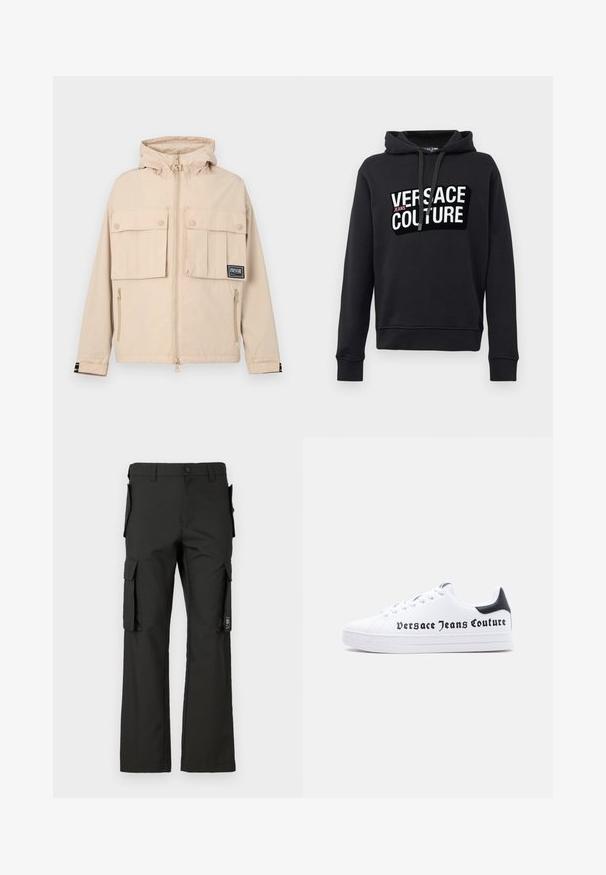 Beige Kapuzenjacke mit zwei vorderen Taschen mit Klappen und einer seitlichen Reißverschlusstasche, versehen mit einem schwarzen Logo-Patch und einem glatten, wasserabweisenden Stoff.; Schwarzer Hoodie aus Baumwollmischung, mit großem Frontlogo in weißer und pinker Schrift, verstellbarer Kapuze mit Kordelzug und gerippten Bündchen.; Schwarze Cargo-Hose mit geradem Bein, ausgestattet mit mehreren Seitentaschen und einem Knopfverschluss. Hergestellt aus strapazierfähigem Gewebe mit glatter Textur.; Weißer Sneaker mit niedrigem Schnitt, schwarzem Fersenlasche, Schnürdesign und dem Schriftzug "Versace Jeans Couture" in Schwarz auf der Seite gedruckt.