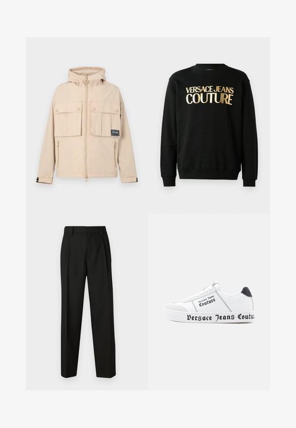 Beige Kapuzenjacke mit zwei vorderen Taschen mit Klappen und einer seitlichen Reißverschlusstasche, versehen mit einem schwarzen Logo-Patch und einem glatten, wasserabweisenden Stoff.; Schwarzer Kapuzenpullover aus einer Baumwoll-Polyester-Mischung, versehen mit dem goldenen Druck "VERSACE JEANS COUTURE" auf der Vorderseite in einer markanten Schriftart.; Schwarze maßgeschneiderte Hosen aus glattem Stoff. Verfügt über ein gerades Bein, einen Ein-Knopf-Verschluss und Gürtelschlaufen. Keine sichtbaren Muster oder Akzente.; Weiße Sneakers mit strukturierter Oberfläche, schwarzen Akzenten und markantem "Versace Jeans Couture"-Schriftzug entlang der Sohle und der Seiten.