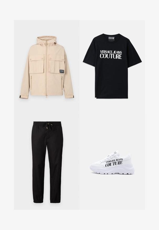Beige Kapuzenjacke mit zwei vorderen Taschen mit Klappen und einer seitlichen Reißverschlusstasche, versehen mit einem schwarzen Logo-Patch und einem glatten, wasserabweisenden Stoff.; Schwarzes Baumwoll-T-Shirt mit kurzen Ärmeln, das auf der Vorderseite den großen weißen Text "VERSACE JEANS COUTURE" trägt. Klassisches Rundhalsdesign.; Schwarze Hose mit einem elastischen Bund und Kordelzug. Hat schmal zulaufende Beine mit elastischen Bündchen. Glattes, leichtes Material.; Weißer klobiger Sneaker mit dicker Sohle, Schnürdesign und dem Schriftzug "Versace Jeans Couture" in fetten schwarzen Buchstaben an der Seite.