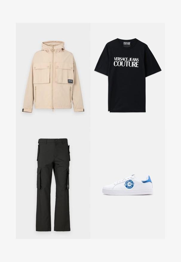 Beige hoodie jas met twee voorflapzakken en een zijritszak, voorzien van een zwart logopatch en een gladde, waterafstotende stof.; Zwarte katoenen t-shirt met korte mouwen, voorzien van grote witte tekst "VERSACE JEANS COUTURE" op de voorkant. Klassiek ontwerp met ronde hals.; Zwarte cargobroek met een recht silhouet, voorzien van meerdere zijzakken en een knoopsluiting. Gemaakt van duurzaam materiaal met een soepele textuur.; Witte lage sneaker met blauwe hielkap en rond blauw "Versace Jeans Couture" logo aan de zijkant, witte veters en een reliëf merkopdruk op de zool.