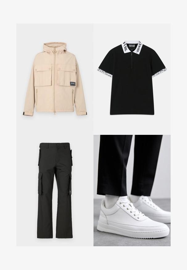 Beige Kapuzenjacke mit zwei vorderen Taschen mit Klappen und einer seitlichen Reißverschlusstasche, versehen mit einem schwarzen Logo-Patch und einem glatten, wasserabweisenden Stoff.; Schwarzes Poloshirt mit einem Halb-Reißverschluss, weißem, gebrandetem Kragen und Bündchen, die ein kontrastierendes Logomuster zeigen. Kurzarm. Aus Baumwolle.; Schwarze Cargo-Hose mit geradem Bein, ausgestattet mit mehreren Seitentaschen und einem Knopfverschluss. Hergestellt aus strapazierfähigem Gewebe mit glatter Textur.; Weiße Leder-Sneaker mit flacher Gummisohle, ausgestattet mit einer glatten Oberfläche, runder Zehenpartie und Metallösen für die Schnürsenkel. Getragen mit schwarzen Hosen.