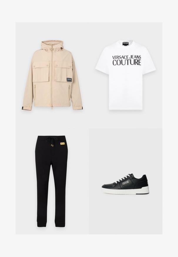 Chaqueta beige con capucha, dos bolsillos frontales con solapa y un bolsillo lateral con cremallera, con un parche de logo negro y una tela lisa y resistente al agua.; Camiseta blanca de manga corta con texto negro "VERSACE JEANS COUTURE" en el pecho y una pequeña etiqueta de la marca en el interior del cuello.; Pantalones jogger negros de corte slim con puños acanalados, cintura elástica con cordón ajustable y un pequeño parche con el logo amarillo de Versace Jeans Couture.; Zapatillas de cuero negras con suela blanca, que presentan un logo en el lateral, punta redondeada y un diseño perforado para transpirabilidad. Cintas blancas.