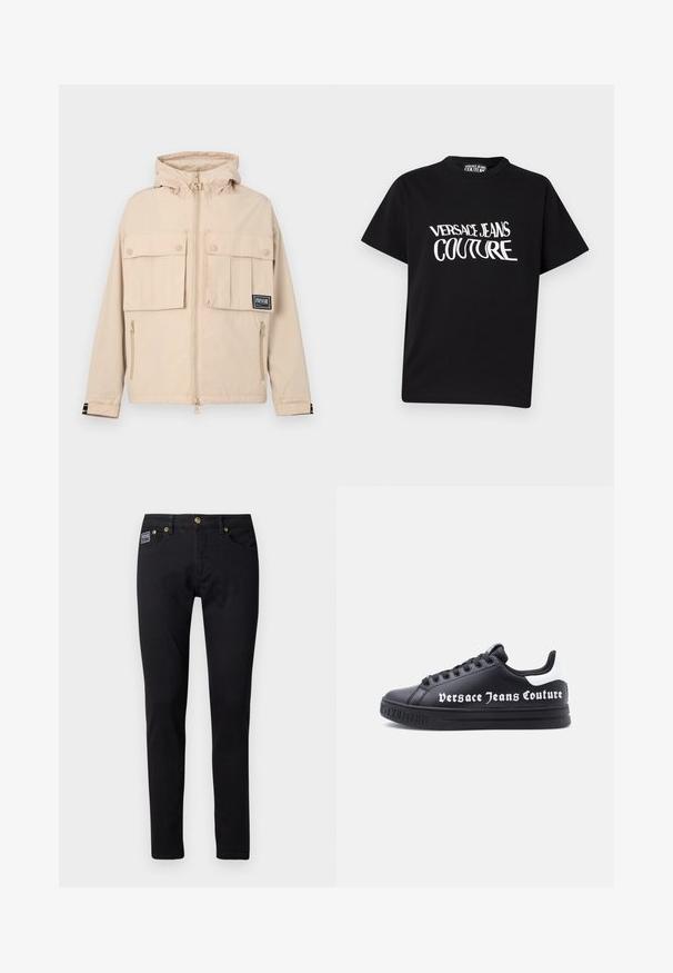 Beige hoodie jas met twee voorflapzakken en een zijritszak, voorzien van een zwart logopatch en een gladde, waterafstotende stof.; Zwart T-shirt met korte mouwen, bedrukt met witte vervormde tekst "Versace Jeans Couture" op de voorkant, ronde hals en reguliere pasvorm.; Zwarte denim jeans met een slim fit, voorzien van goudkleurige hardware, vijf zakken en een klein merkembleem op de rechterzak.; Zwarte lage sneaker met zwarte veters, witte hielstuk en "Versace Jeans Couture" tekst aan de zijkant en in de loopzool gegraveerd.