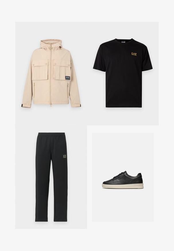 Chaqueta beige con capucha, dos bolsillos frontales con solapa y un bolsillo lateral con cremallera, con un parche de logo negro y una tela lisa y resistente al agua.; Camiseta de algodón negra de manga corta, con un pequeño logo bordado amarillo en el lado izquierdo del pecho. Diseño clásico de cuello redondo.; Pantalones de chándal negros de pierna recta con cintura elástica y logotipo negro en el muslo izquierdo superior.; Zapatilla baja negra de cuero con cordones negros y una gruesa suela de goma color blanco roto, mostrada sobre un fondo blanco.
