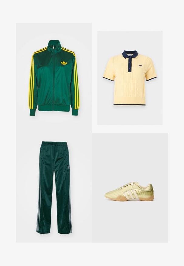 Groene satijnen trainingsjack, met rits aan de voorkant, hoge kraag, gele drie-strepen design op de mouwen en een klein geel logo op de borst.; Geel gebreide polo met korte mouwen, een navy kraag, knoopsluiting, manchetten, zoomafwerking en een klein geborduurd logo op de borst.; Donkergroene sportbroeken van glanzend materiaal, met zijstrepens in lichtgrijs en een geborduurd logo op het linkerbeen.; Synthetische sportschoen in limoengroen met een gladde textuur, voorzien van drie witte strepen, een zachte binnenvoering en een gestructureerde rubberen buitenzool.
