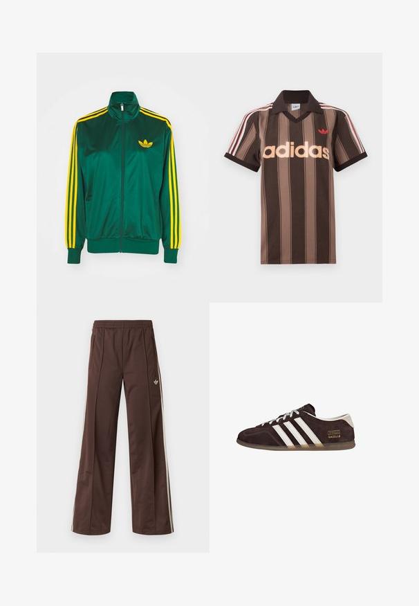 Grøn satin trackjakke, lynlåsfortil, høj krave, gul tre-stripes design på ærmerne og et lille gult logo på brystet.; Brunstribet Adidas polo-shirt med V-hals, bordeaux krave og rødt logo. Har hvide og røde skulderstriber samt korte ærmer.; Brune atletiske bukser med vidde ben, hvide striber på siden, elastisk linning og to sidelommer. Har et lille logo på benet.; Brune ruskindssneakers med tre hvide striber, gummisål og tekstlabel med ordene "Gazelle" i guld. Snørebåndsdesign med grå snørebånd.
