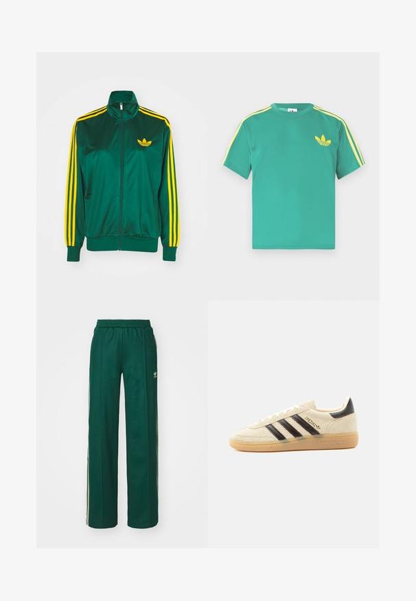 Groene satijnen trainingsjack, met rits aan de voorkant, hoge kraag, gele drie-strepen design op de mouwen en een klein geel logo op de borst.; Groen katoenen T-shirt met korte mouwen, met gele strepen langs de schouders en een geborduurd logo van drie bladeren op de borst.; Donkergroene sportbroek met een relaxte pasvorm, voorzien van een trekkoord in de taille, zijzakken en crèmekleurige strepen aan de zijkanten.; Crèmekleurige suède sneaker met zwarte strepen, rubberen zool, zwart hieltabje en gouden "SPEZIAL" tekst aan de zijkant.