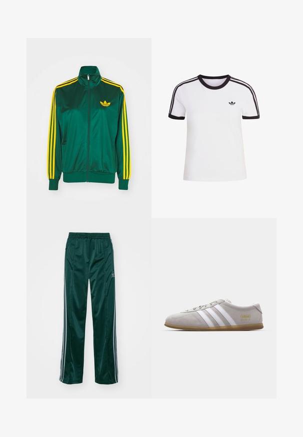 Grøn satin trackjakke, lynlåsfortil, høj krave, gul tre-stripes design på ærmerne og et lille gult logo på brystet.; Hvid kortærmet t-shirt med sorte detaljer, der har rund halsudskæring og tre sorte striber på hver skulder. Lille sort logo på brystet.; Mørkegrønne træningsbukser lavet af skinnende materiale, med sidelister i lys grå og et broderet logo på venstre ben.; Grå suedestøvle med hvide læderstriber og guldlogo-detalje. Flad gummisål, rund tå og klassisk snølukkedesign.