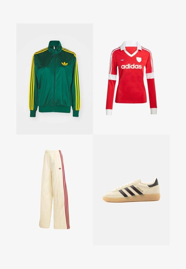 Groene satijnen trainingsjack, met rits aan de voorkant, hoge kraag, gele drie-strepen design op de mouwen en een klein geel logo op de borst.; Rode lange mouwen voetbalshirt met een witte kraag en manchetten. Heeft drie witte strepen op de schouders en het "adidas" logo prominent weergegeven.; Crèmekleurige wijde trainingsbroek met rode zijstrepen, elastische tailleband, ritssluitingzak en rood Adidas-logo op de dij.; Crèmekleurige suède sneaker met zwarte strepen, rubberen zool, zwart hieltabje en gouden "SPEZIAL" tekst aan de zijkant.