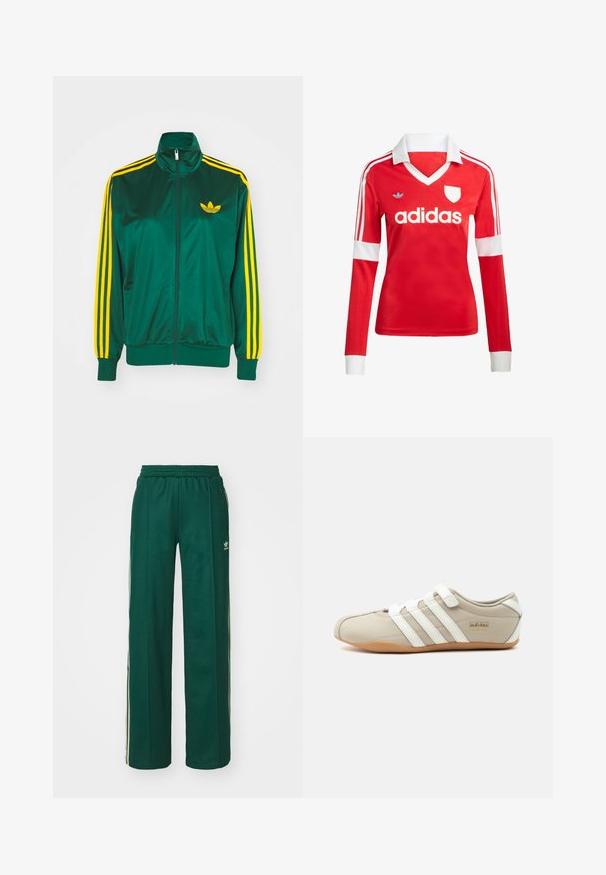 Grøn satin trackjakke, lynlåsfortil, høj krave, gul tre-stripes design på ærmerne og et lille gult logo på brystet.; Rød langærmet fodboldtrøje med hvid krave og manchetter. Har tre hvide striber på skuldrene og "adidas" logoet fremtrædende vist.; Mørkegrønne træningsbukser med en afslappet pasform, der har snor i taljen, sidelommer og cremefarvede striber langs siderne.; Beige Adidas Tokyo sneaker med hvide striber, velcrolukninger og gummisål, vist fra siden på en ensfarvet baggrund.