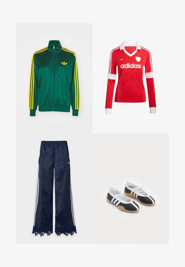 Groene satijnen trainingsjack, met rits aan de voorkant, hoge kraag, gele drie-strepen design op de mouwen en een klein geel logo op de borst.; Rode lange mouwen voetbalshirt met een witte kraag en manchetten. Heeft drie witte strepen op de schouders en het "adidas" logo prominent weergegeven.; Marineblauwe trainingsbroek met wijde pijpen, witte zijstrepen, elastische tailleband, adidas-logo op de heup en kantafwerking aan de zoom.; Zwart-witte sport schoenen met een slank ontwerp, rubberen zool, vetersluiting en drie witte strepen aan de zijkanten.