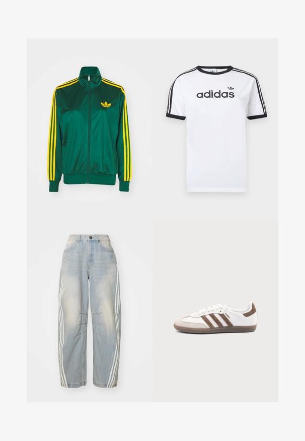 Grøn satin trackjakke, lynlåsfortil, høj krave, gul tre-stripes design på ærmerne og et lille gult logo på brystet.; Hvid bomulds-T-shirt med sorte detaljer, har rundt halsudskæring, korte ærmer, tre sorte striber på skuldrene og adidas-logo i sort.; Lyseblå denimjeans med løs pasform, der har hvide striber ned langs siderne, slidte detaljer og knaplukning i taljen.; Hvid Adidas Samba sneaker med brune ruskindstriber, brun gummisål og beige ruskindståhætte, vist fra ydersiden på en ensfarvet baggrund.