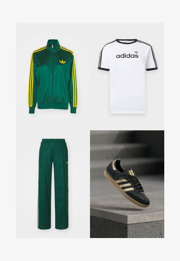 Grøn satin trackjakke, lynlåsfortil, høj krave, gul tre-stripes design på ærmerne og et lille gult logo på brystet.; Hvid bomulds-T-shirt med sorte detaljer, har rundt halsudskæring, korte ærmer, tre sorte striber på skuldrene og adidas-logo i sort.; Mørkegrønne træningsbukser med en afslappet pasform, der har snor i taljen, sidelommer og cremefarvede striber langs siderne.; Sort Adidas Samba-sneaker med gulstriber og gummisål, der svæver over en betongflade med slørede trapper i baggrunden.