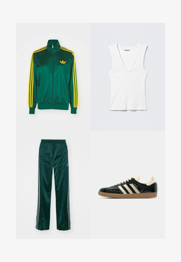 Grøn satin trackjakke, lynlåsfortil, høj krave, gul tre-stripes design på ærmerne og et lille gult logo på brystet.; Hvid rødternet ærmeløs tanktop med V-hals og WEEKDAY-mærke indeni ved halsudskæringen, lagt fladt på en lys baggrund.; Mørkegrønne træningsbukser lavet af skinnende materiale, med sidelister i lys grå og et broderet logo på venstre ben.; adidas Originals SAMBA OG - Sneakers - cream white/collegiate green