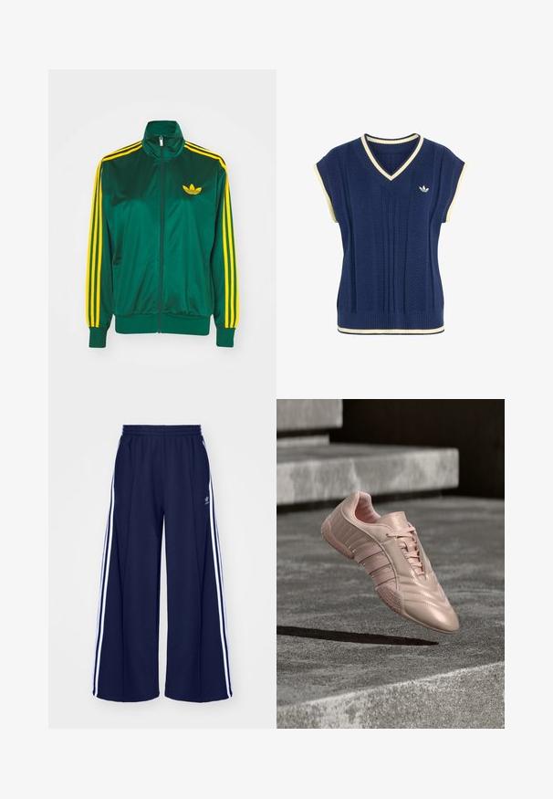 Grøn satin trackjakke, lynlåsfortil, høj krave, gul tre-stripes design på ærmerne og et lille gult logo på brystet.; Marineblå strikket ærmeløs sweatervest med hvid kant på V-hals, ærmegab og kant, med lille hvid Adidas-logo på brystet.; adidas Originals PANT - Træningsbukser - night indigo; Lyserød atletiksko med en glansfuld finish, der har teksturerede sidepaneler og en gummisål med mønstret greb. Snørebånd medfølger.