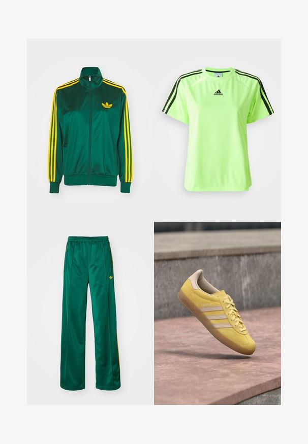 Grøn satin trackjakke, lynlåsfortil, høj krave, gul tre-stripes design på ærmerne og et lille gult logo på brystet.; Neon grøn atletisk t-shirt lavet af svedtransporterende stof. Har et sort tre-stripes design på skuldrene og logoet centreret på brystet.; Grønne satin atletikbukser med en afslappet pasform, der har gule stribeaccenter og et broderet logo på venstre side. Elastisk talje.; Gul ruskindsneaker med rundet tå, snørelukning foran og tre beige striber på siden. Har en kontrasterende beige hæl og polstret inderside.