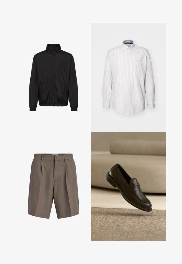 Veste légère noire avec un col montant, des poignets élastiques et des poches latérales. Tissu lisse et design minimaliste avec une coupe décontractée.; Chemise à manches longues de couleur claire avec de fines rayures verticales. Présente un col boutonné et une poche poitrine. Fabriquée dans un tissu texturé.; Short marron sur mesure avec passants de ceinture, plis à l'avant et fermeture avant dissimulée, confectionné en tissu lisse.; Un seul mocassin en cuir brun foncé flottant au-dessus d’un tapis texturé beige, avec un canapé beige flou en arrière-plan.