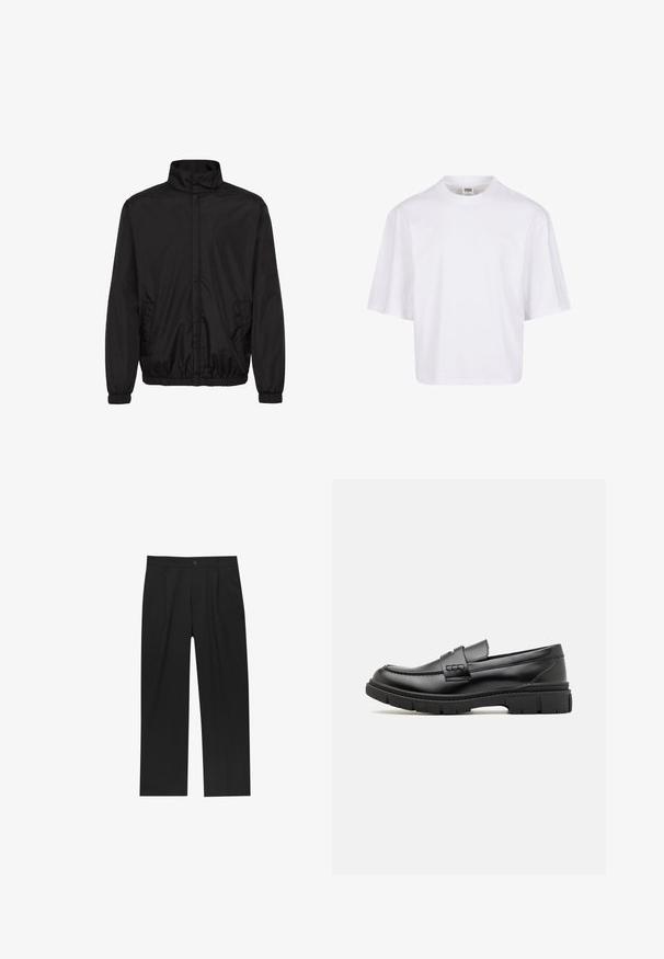 Veste légère noire avec un col montant, des poignets élastiques et des poches latérales. Tissu lisse et design minimaliste avec une coupe décontractée.; T-shirt blanc à manches courtes avec un col rond et une coupe décontractée, fabriqué à partir d'un tissu en coton mélangé doux. Aucun motif ni embellissement.; Pantalons noirs au design droit, fabriqués à partir d'un tissu lisse. Dotés de plis sur le devant et d'une fermeture à un bouton à la taille.; Mocassin en cuir noir avec une large sangle sur le devant, semelle en caoutchouc à épaisse rainure, et texture lisse. Design classique et élégant.